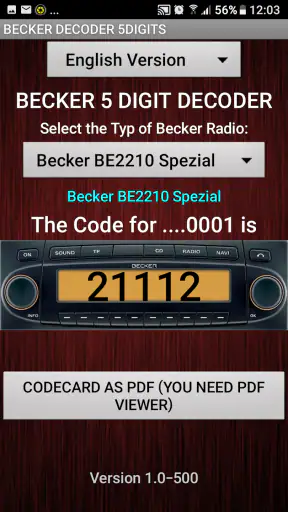 Becker 5Digit Radio Code screenshot