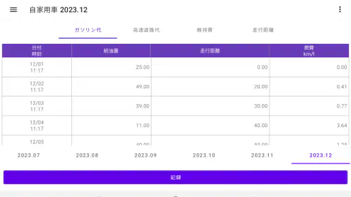 ガソリン代 記録帳 給油量 走行距離  燃費 車の管理 screenshot