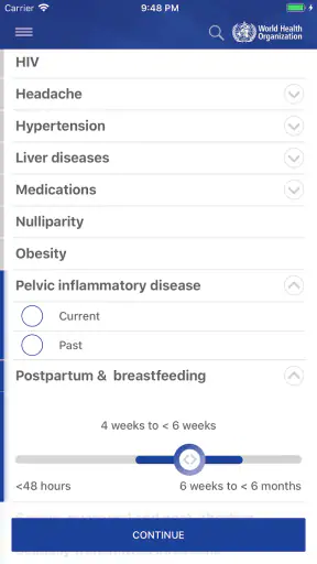 WHO Contraception tool screenshot
