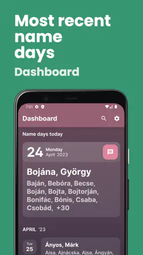 Name day calendar screenshot