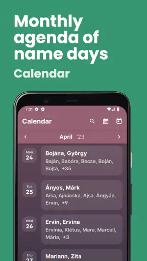Name day calendar screenshot